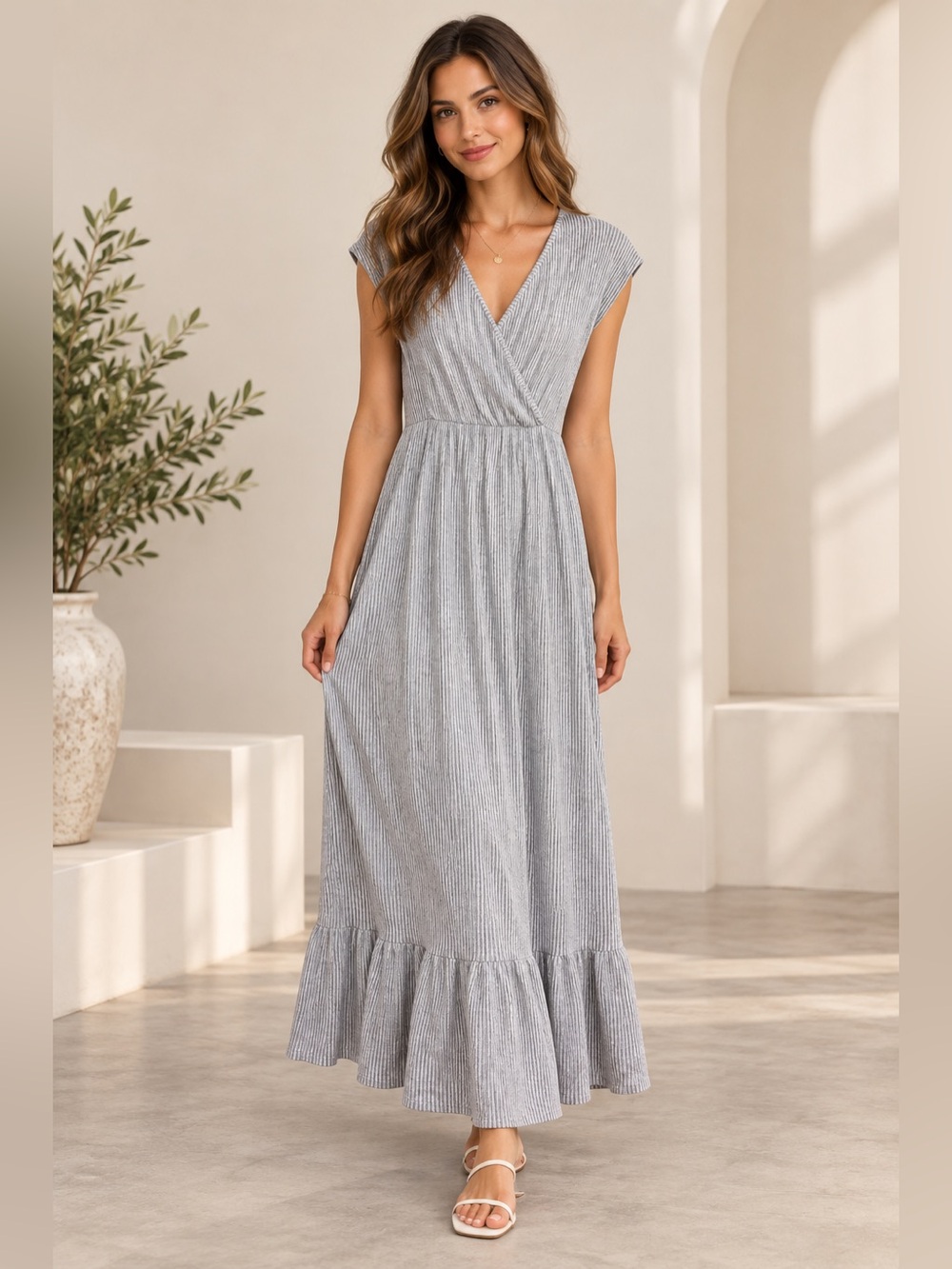 Caution to the Wind Gray Striped Maxi Dress Size Small